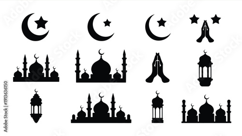 Ramadan icons and mosque silhouettes with crescent moon and stars islamic symbols for religious celebrations and holidays