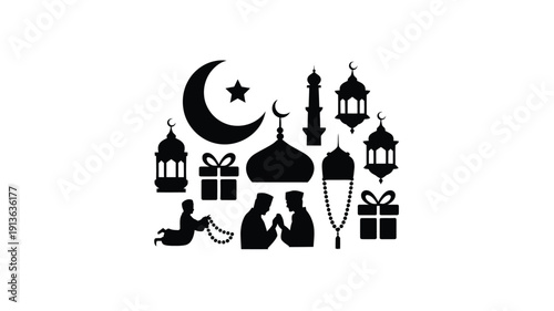 Ramadan kareem illustration with mosque lanterns gifts and crescent moon on white background symbolizing islamic holiday and celebration