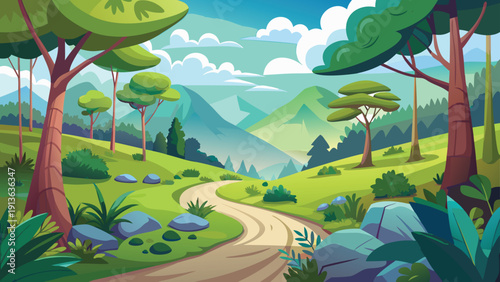 A winding dirt path leads through a lush stylized landscape of rolling hills and trees