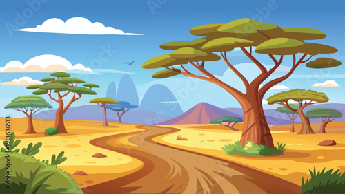 A vibrant cartoon illustration depicts an african savanna landscape with trees and a path high-quality