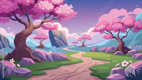 A winding path leads through a vibrant fantastical landscape of pink cherry blossom trees high-quality