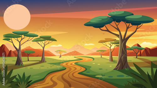 A vibrant african savanna landscape featuring a winding path and a warm sunset glow high-quality