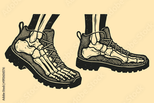 Anatomical Skeleton Feet in Hiking Boots Woodcut Illustration