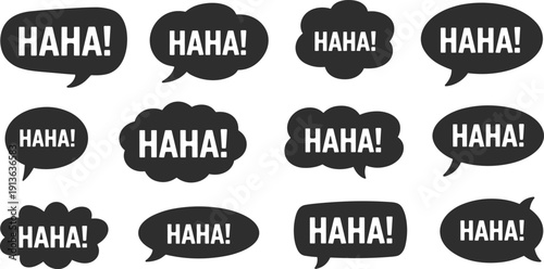 Twelve Black Speech Bubbles with HAHA Text on White Background laughter laugh
