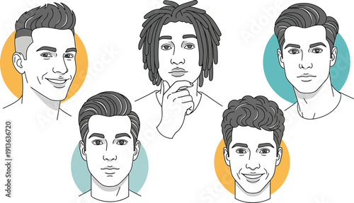 Diverse Male Portraits with Different Emotions and Hairstyles Isolated on White