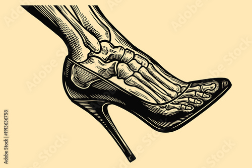 High Heel Pain: Anatomical Woodcut Illustration of Foot Bones in a Stiletto