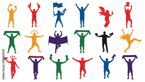 Vibrant collection of silhouettes depicts sports fans cheering with flags, scarves, megaphones, and pom-poms in various celebratory poses.