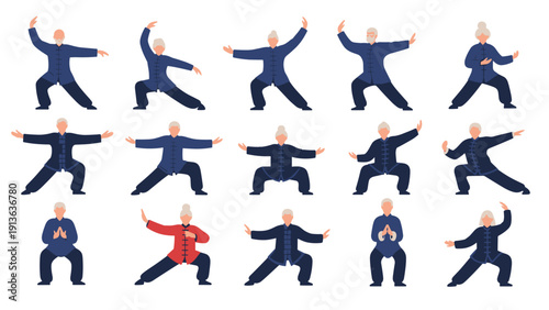 Large group of elderly people in traditional blue and red uniforms practices different Tai Chi martial arts poses in a synchronized manner.