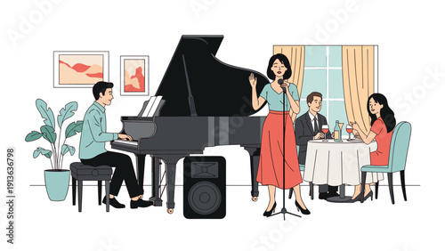 Elegant restaurant features a live jazz performance with a woman singing and a man playing a grand piano while a couple enjoys their dinner.