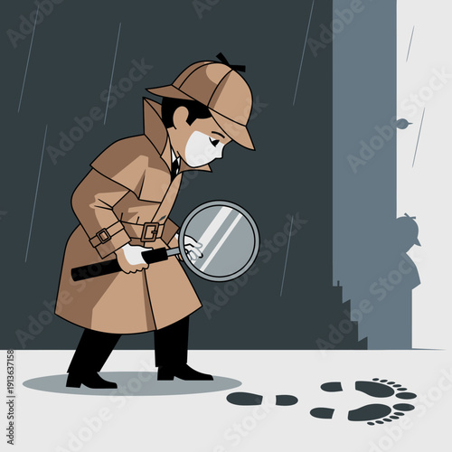 Detective examining footprints illustration