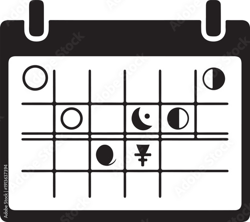 Black and white calendar grid with moon phases and symbols new moon crescent moon des