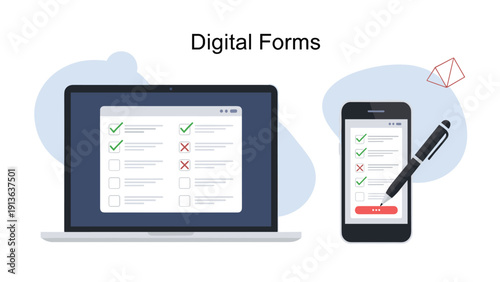 Digital forms and checklists displayed on a laptop and a smartphone screen to represent modern paperless data collection and task management.