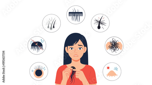 Distressed young woman concerned about hair health shown with surrounding circular icons illustrating various stages and causes of hair loss.