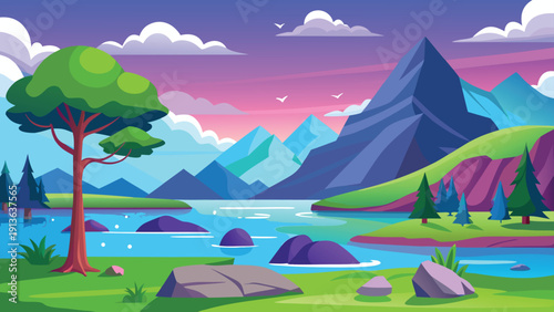 A vibrant cartoon landscape featuring mountains a lake green fields and a colorful sky high-quality