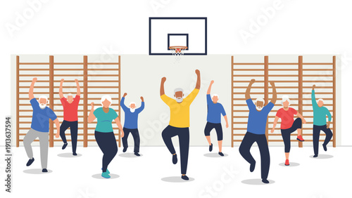 Group of active senior citizens participating in a fitness or dance class inside a gymnasium with wall bars and a basketball hoop.