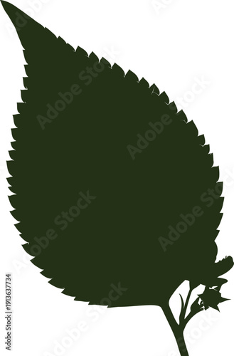 A simple silhouette of a green leaf, with a tiny, stylized flower nestled within it