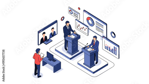 Political or corporate debate scene featuring two speakers at podiums with televised monitors and analytical charts in the background.
