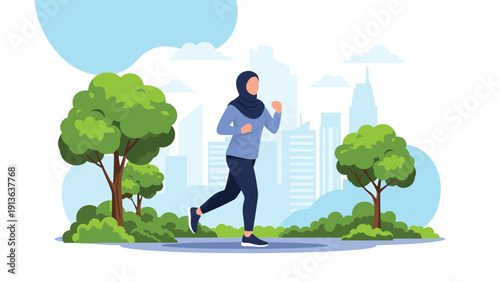 Active young woman wearing a hijab jogging through a scenic city park with skyscrapers and trees in the background.
