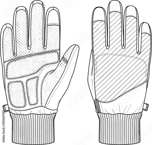 Winter protective sport gloves technical fashion flat sketch, tactical work glove vector, front and back view, apparel template, 2026.V