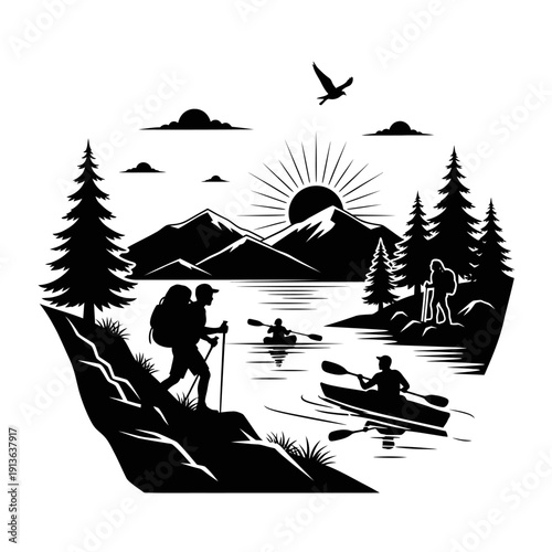 Black and white illustration of hikers kayakers and a scenic mountain landscape