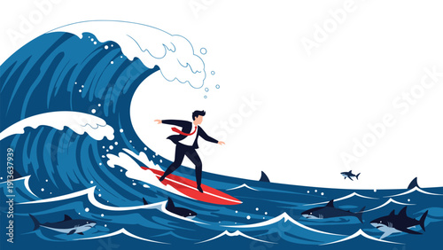 Courageous businessman in a formal suit balances on a surfboard over a massive ocean wave while dangerous sharks circle below him in the water.