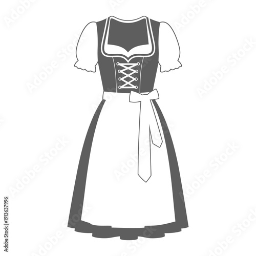 A black and white illustration of a traditional dirndl dress