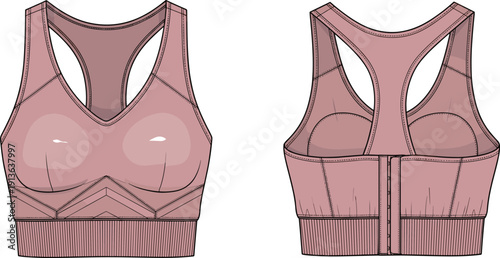 Women high impact sports bra technical fashion flat sketch, racerback yoga top vector, front and back view, activewear template, 2026.