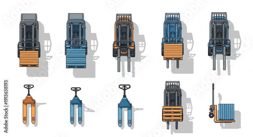 Collection of Forklifts and Pallet Jacks Top View.