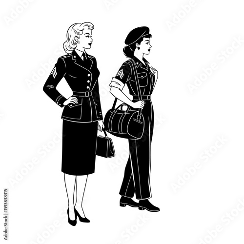 Two women in vintage military uniforms one holding a travel bag