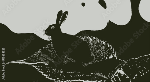  A detailed silhouette of a hare, perched delicately on a vibrant green leaf, with a slight curve to the body.