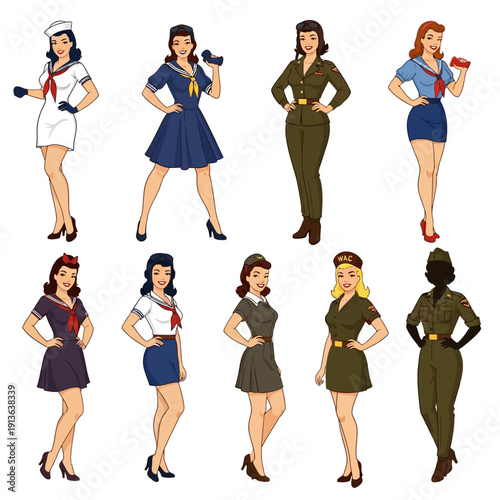 Vintage illustrations of women in various world war ii era uniforms
