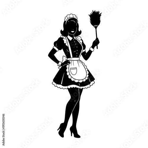 Vintage illustration of a maid holding a feather duster