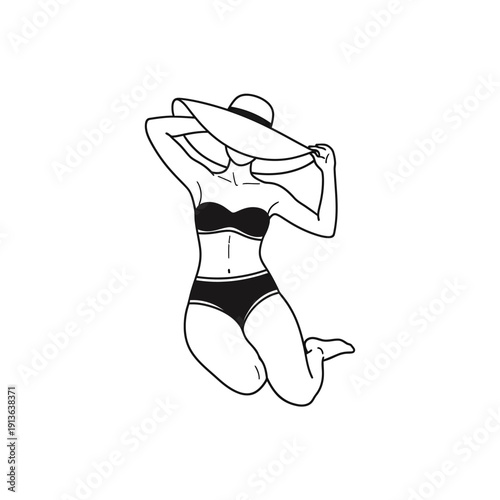 Minimalist line art depicting a woman in a swimsuit and sunhat
