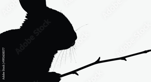  A minimalist silhouette of a rabbit's whiskered face, partially obscured by a branch, with a slight curve to the whiskers.