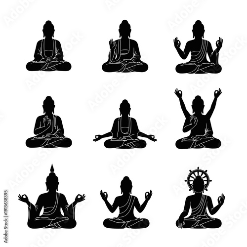 Nine black silhouettes of buddha in various meditative poses