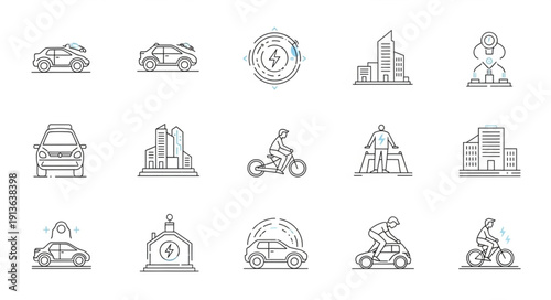 Collection of futuristic city and transport icons in sketch style.