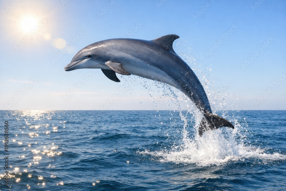 Fototapeta premium Dolphin's Graceful Leap: A captivating dolphin, full of energy and vitality, soars through the air, framed against a vast, radiant blue ocean and sky.