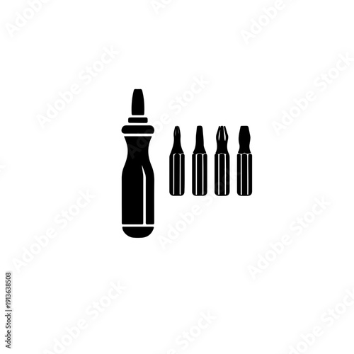 black and white vector of a screwdriver handle with multiple interchangeable bits. A clean icon representing versatility, repair kits, and professional hardware equipment
