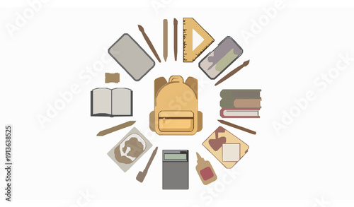 School supplies circular cartoon vector set with backpack books and stationery isolated on white background