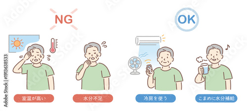 高齢者（男性）の熱中症対策と水分補給・冷房使用を説明するイラスト（介護・夏の健康管理）