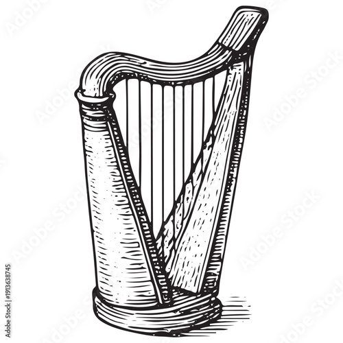 Classical Harp Illustration, String Instrument Drawing, Vintage Music Artwork