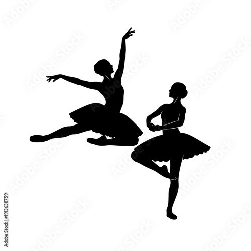 Two ballerinas in silhouette performing graceful dance poses against a white background