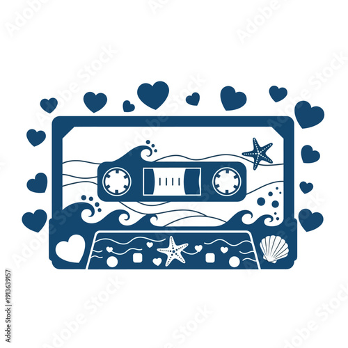 A blue cassette tape illustration surrounded by hearts and seaside elements