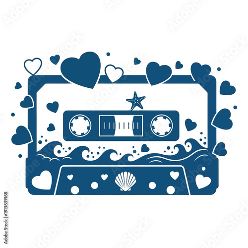 A blue cassette tape illustration surrounded by hearts shells and waves
