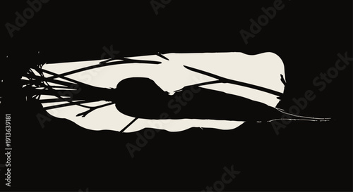 A stark silhouette of an orange carrot, partially obscured by a thin branch, with a hint of sunlight illuminating the top.