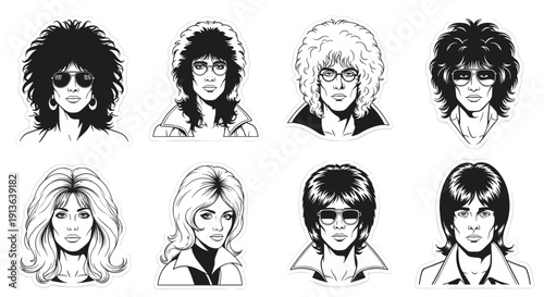 A captivating collection of eight diverse comic-style portraits featuring distinct hairstyles and fashion accessories, perfect for illustrating retro themes.