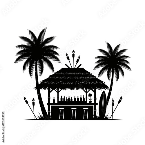 Tropical beach bar with palm trees and tiki torches in silhouette style