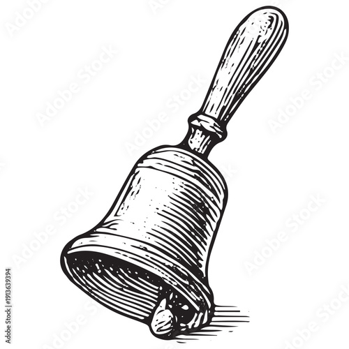 Vintage Hand Bell Illustration – Antique Engraved Call Bell Line Art