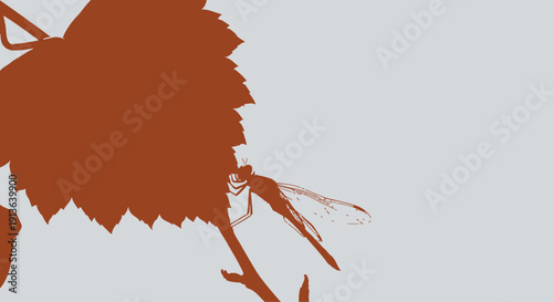 A minimalist silhouette of an orange leaf, with a delicate dragonfly perched on its surface.