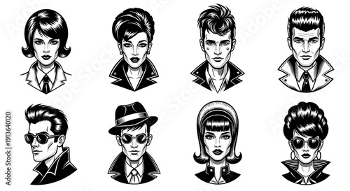A captivating collection of retro-inspired character portraits, showcasing diverse hairstyles and fashion from the mid-20th century, rendered in a striking black and white comic book art style.
